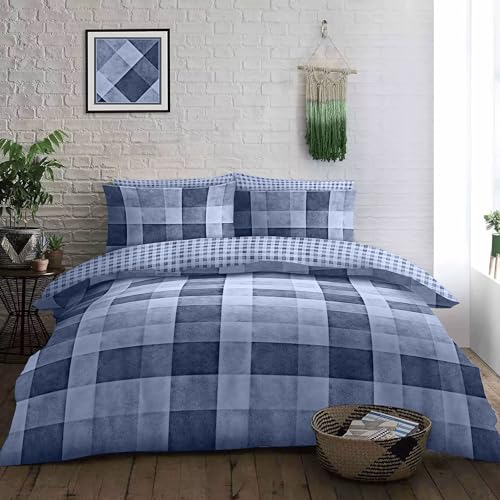 Lions King Size Bedding Sets - 3 Piece Soft Checked Duvet Cover with Matching Pillow Case, Ultra Soft Poly Cotton Reversible Quilt Covers for Men Women, Blue, King Bed, 230x220cm