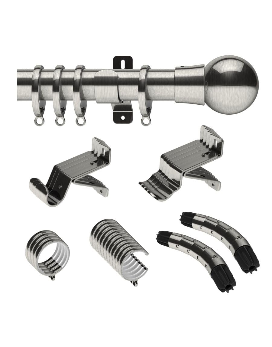 Swish Satin Steel Design Studio 28Mm Bay Window Curtain Pole Set Kit 3M, 300Cm, Mondiale Finial