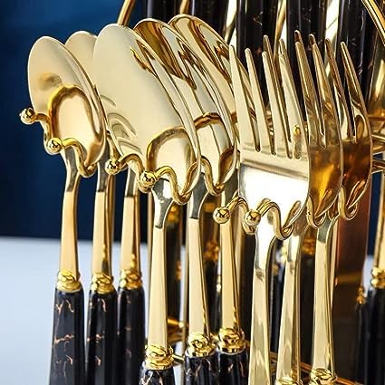 Image of MERISH Spoon Fork & Knife Set - Cutlery Set with Stand - Gold Plated | Stainless Steel - 24 Pcs (Black)