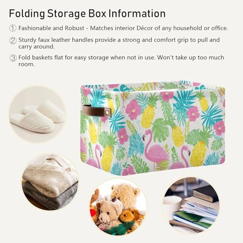 Image of Aslsiy Storage Basket Summer Flamingo Hibiscus Nursery Bins Tropical Leaf Pineapple Baby Box Canvas Clothes Shelf Basket Laundry Hamper Gift Basket for Home Closet 1 Pcs