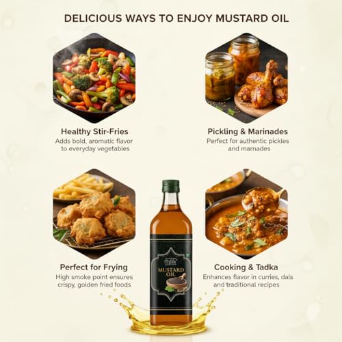 Image of LILA DRY FRUITS Mustard Oil for Cooking 1 Litre (500 ML x 2) Pure Seed Kachi Ghani Oil | Cold Pressed Cooking Oil for Frying & Pickles Sarson ka Tel Perfect for Daily Use, Chemical free Helps Manage Cholesterol