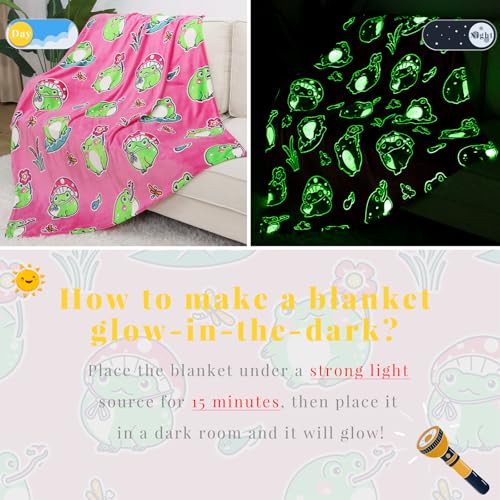 Image of Glow in The Dark Frog Blanket, Pink Frog Gifts for Girls Kids Age 3 4 5 6 7 8 9 10, Soft Cozy Flannel Kids Throw Blanket, Birthday Graduation Gifts Bedroom Decor 50 inchx60 inch