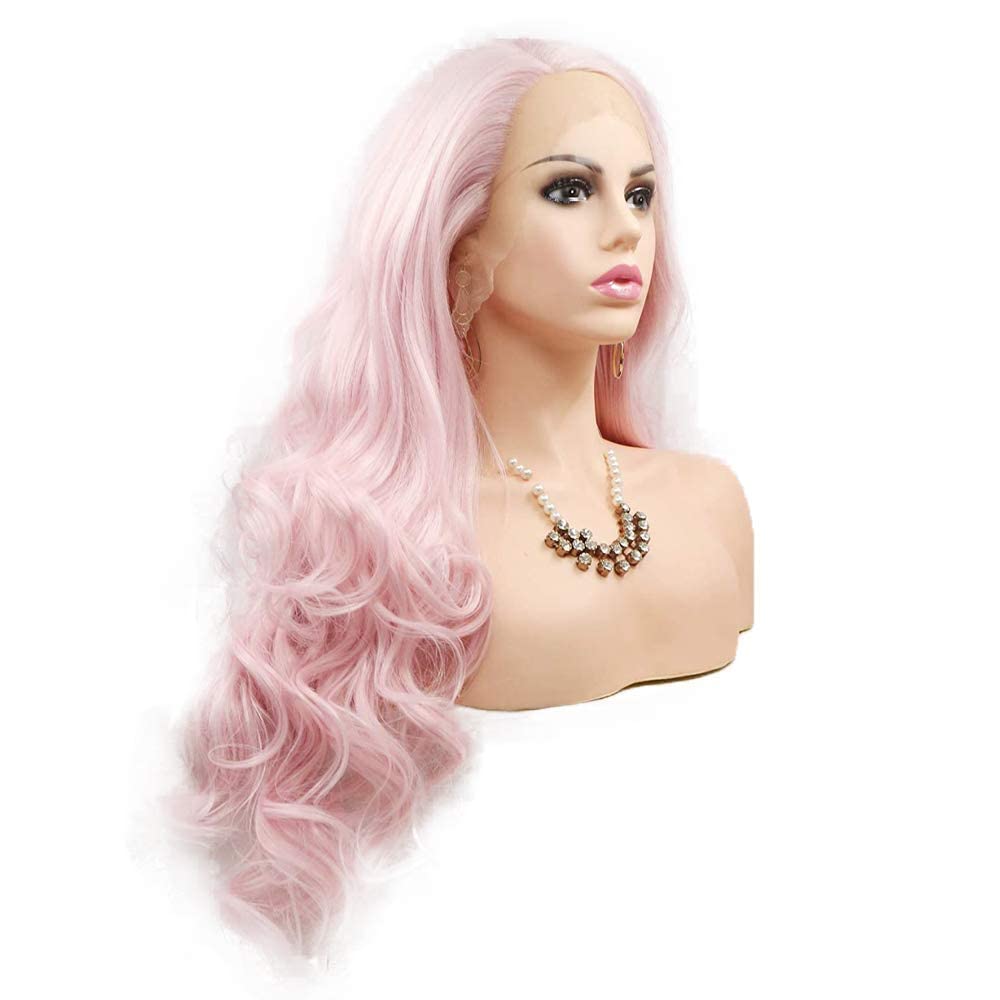 Pink Wig Lace Front Wigs for Women Long Curly Wavy Pastel Peach Pink Real Hair Wigs Coloured Glueless Synthetic Lace Front Wig Pre Plucked Hairline Heat Resistant Cosplay Drag Queen 24Inch - Image 4