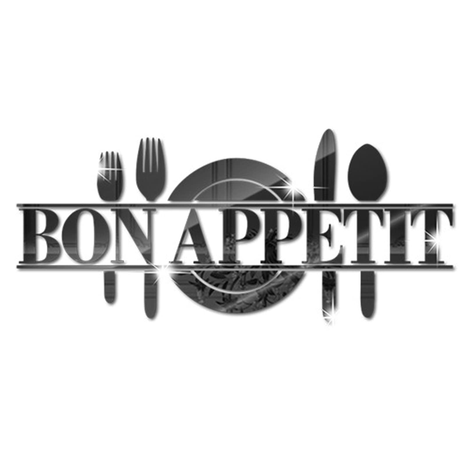 Incauca Black Bon Appetit 3D Acrylic Mirror Wall Decals Kitchen, Spoon Fork Knife Mirror Wall Stickers, Removable Kitchen Wall Sign Wall Decor For Dining Room Table Cafe Diy Art Decoration (Black)