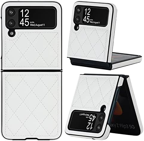 XIZYO Designed for Samsung Galaxy Z Flip 4 Case, Leather Soft Luxury Slim Diamond-Shaped Flip Case for Women Men Shockproof Bumper Protective Cover, White