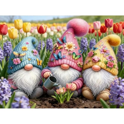 KYOQFVN Gnome Diamond Art Kits for Adults - Flowers Diamond Painting Kits for Beginners 5D DIY Full Round Drill Diamonds Art Painting Kit for Home Wall Decor 12X16 Inch