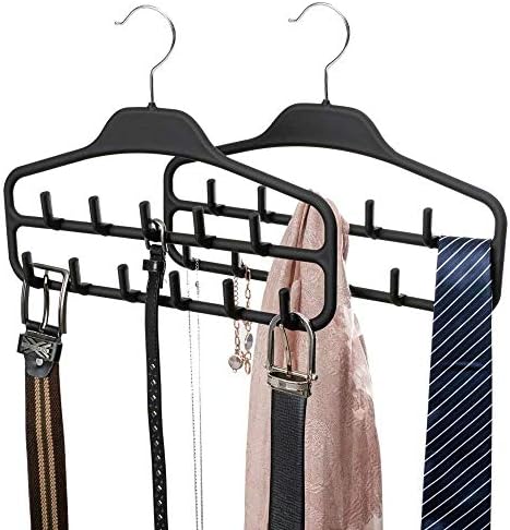 FairyHaus Belt Hanger Organizer 2 Pack, Non Slip Tie Rack Holder, Durable Hanging Closet Accessory Hooks for Belts, Ties, Jewelry, Scarves, Tank Tops, Black
