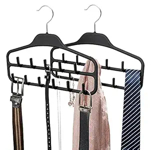 Belt Hanger Organizer 2 Pack, Non Slip Tie Rack Holder, Durable Hanging Closet Accessory Hooks for Belts, Ties, Jewelry, Scarves, Tank Tops, Black