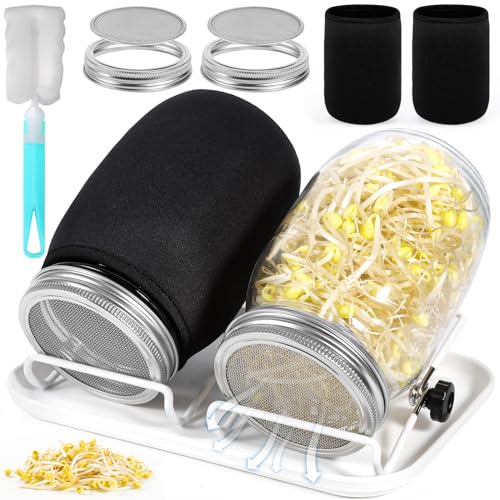 GUHAOOL Kit de Tarros de Germinación Brote de Semilla, con 2 1000ml Frascos de Vidrio, 2 Soporte, 1 Bandeja,2 Filtros de Acero Inoxidable, 2 Tela de Sombreado y Cepillo, Germinador de Semillas
