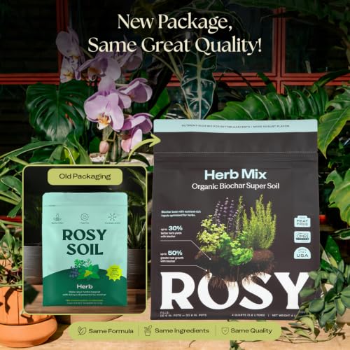 Image of Rosy Soil Herb Mix, Organic Indoor and Outdoor Herb Potting Soil, 4 Quarts | Biochar, Worm Castings, Mycorrhizae Blend, Peat-Free, Fast Draining, for Basil, Cilantro, Lavender, Thyme, Mint, Rosemary