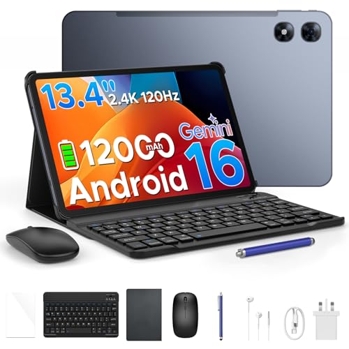 P13 Pro 13.4 Inch Large Tablet Android 16 Tablets Gemini AI 120Hz 48GB+256GB/TF 2TB 12000mAh/18W T7280 Octa-Core 4G Dual SIM OTG 16MP+8MP Face ID 5G WiFi Tablet with Keyboard Stylus Grey