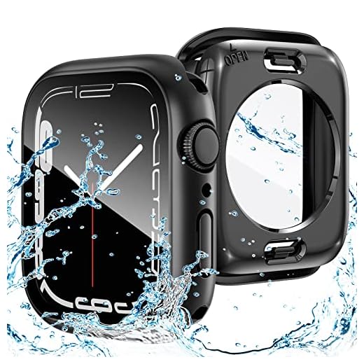 Goton 2 in 1 Waterproof Case for Apple Watch Series 7 45mm Screen Protector, 360 Protective Glass Face Cover Hard PC Bumper + Back Frame for iWatch 7 Accessories 45 mm, Black