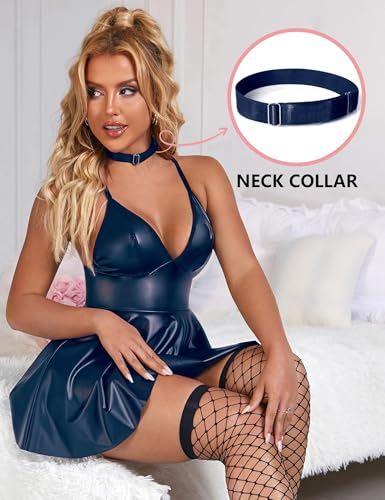 Image of ohyeahlady Women Sexy PU Leather Dress Plus Size Spaghetti Strap Mini Dresses Sleeveless Pleated Steampunk Clubwear