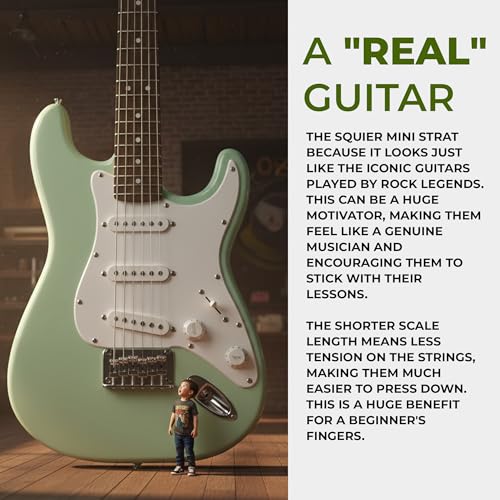 Image of Fender Squier 3 /4-Size Kids Mini Strat Electric Guitar - Surf Green Bundle with Amplifier, Cable, Tuner, Strap, Picks, Online Lessons, and Austin Bazaar Instructional DVD