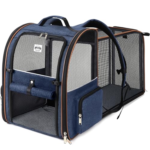 Lekespring Zaino per Cani Gatti Trasportino Espandibile,Grandi Pieghevole Cuccia Portatile con Imbracatura di Sicurezza e Tappetino per Animali Inclusi,Carico Massimo 10 KG,Blu XL