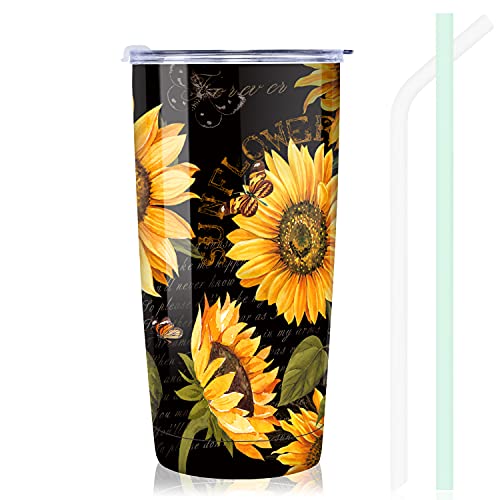 NymphFable 20oz Sonnenblume Thermobecher Kaffeebecher to go Becher Mit Deckel Und Strohhalm Doppelwand Edelstahl