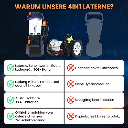 SELBST-SICHER 4in1 LED Laterne aufladbar | Notfallradio | Powerbank | Handyladegerät | SOS-Sirene | optimal bei Stromausfall, Blackout, Camping und Freizeit