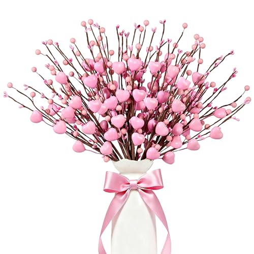 zjlmit Valentine's Day Gifts 24 Pack Valentines Day Decorations 17 Inch Pink Heart Picks with Heart Shaped Berry for Valentine Anniversary Wedding Candlelight Dinner
