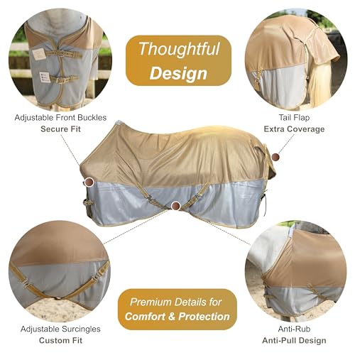 Image of BARN & STABLE Breathable and UV Protective Tear-Resistant Mesh Horse Fly Sheet Comfy Equine Summer Sheet with Removable Web Leg Straps (Gold Silver, 75 in)