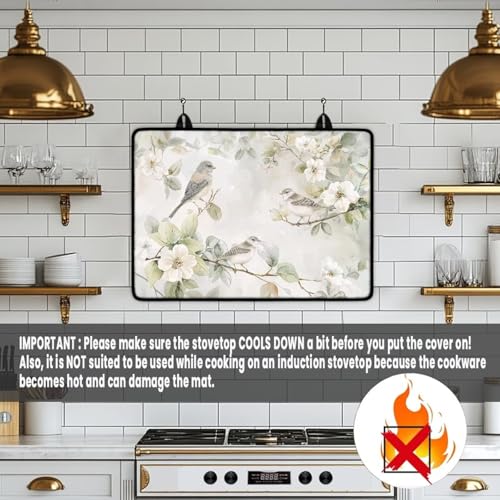 Image of Bird Flower Stove Top Covers for Electric Stove, Fashion Cute Stove Top Cover Protector, Heat Resistant Silicone Stove Mat, Wear Resistant Range Ceramic Gas Burners Mat