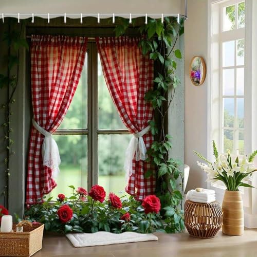 Rideau de douche vichy rouge grand format 160x190 décor végétation