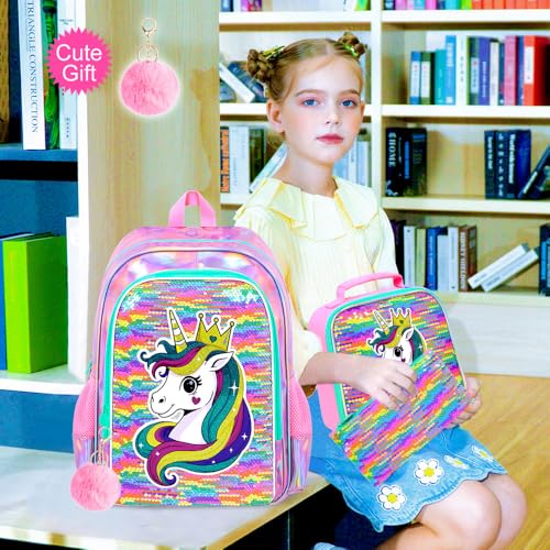 Image of CCJPX 3Pcs Unicorn Backpack for Girls, 16 inch Kids Sequin Bookbag with Lunch Box, Water Resistant Elementary School Bag for Kindergarten Preschool Toddler (Rainbow)