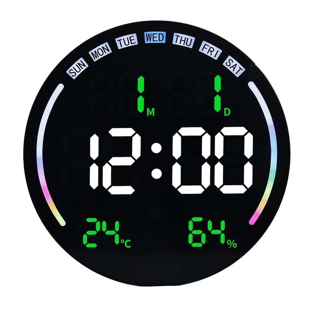 Orologio da parete digitale multifunzionale che mostra ora, data, temperatura, umidità, LED dimmerabile, doppio sistema di allarme, funzione timer per soggiorno cucina