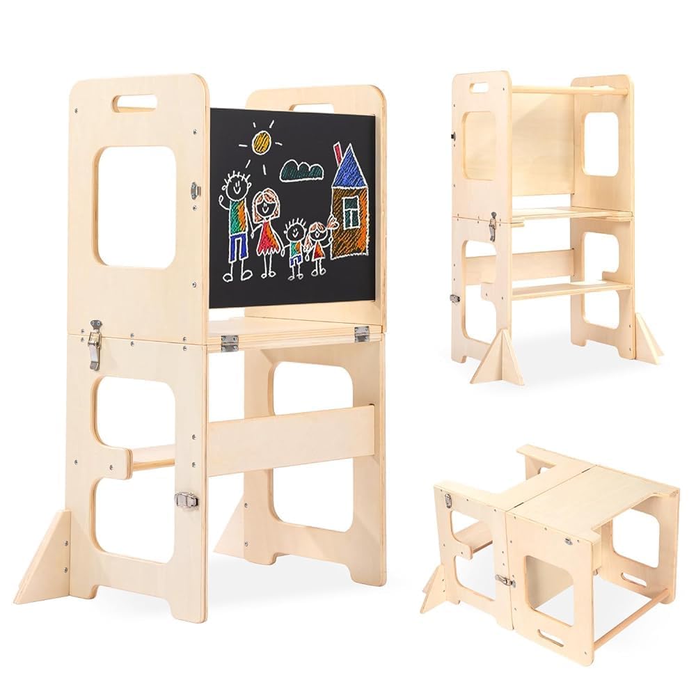 Labebe Montessori Torre per bambini, 3 in 1 pieghevole Torre didattica, Scala Sgabello per bambini con lavagna, Montessori Legno torretta per utensili da cucina a partire da 18 mesi (Legno)