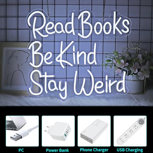 Image of Neon Sign, JGHTURIE Read Books Neon Signs for Wall Decor White Led Lights Signs for Classroom Office Library Bookshop Study Room Decoration USB Powered