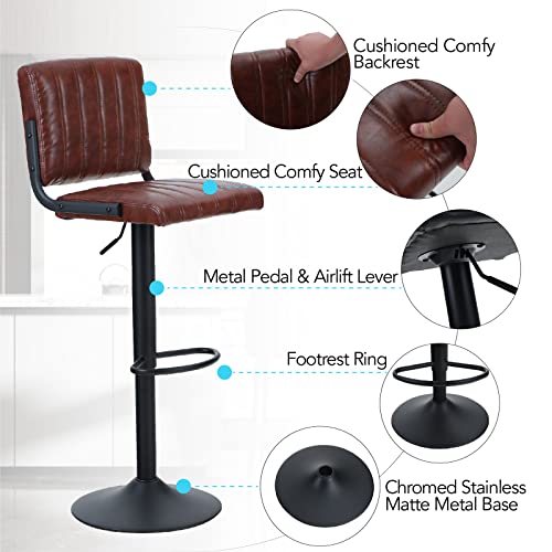 Alpha Home Bar Stools Set Of 2 Pu Leather Bar Chairs With Back Adjustable Kitchen Height Stools Pub Bistro Bar Counter Height Stools Modern Square Seat Chairs 360°Swivel Stools 300Lbs Capacity Brown #TOP6