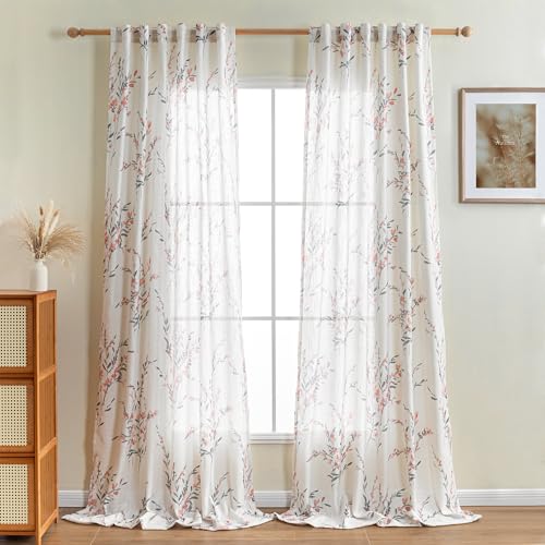 Image of MYSKY HOME Floral Sheer Curtains 95 Inch Long Linen Blended 2 Panels Coral | Bedroom Living /Dining Room Floral Light Filtering Curtains Patterned Privacy Protect Farmhouse Window Treatment 50 inch W
