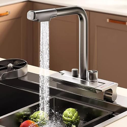 Robinet cuisine extensible gris anti-brûlure à affichage numérique