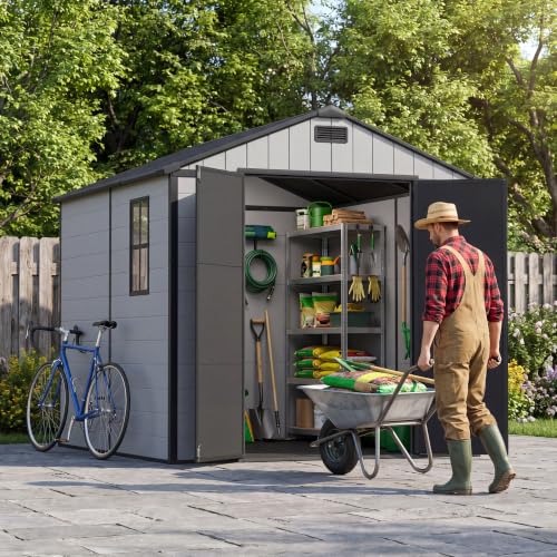 Image of Patiowell 8x8 FT Resin Outdoor Storage Shed with Floor, Large Plastic Clearance Sheds with Lockable Door, Garden Tool Shed with Window for Backyard, Patio Storage, Light Gray