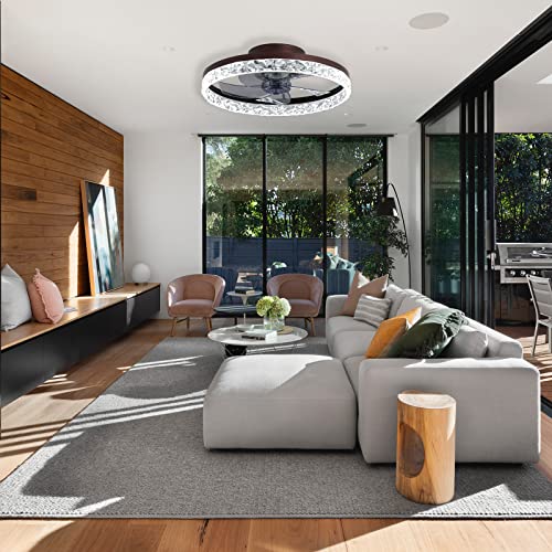 Pshrfanst 19.7" Ceiling Fan With Lights, Dimmable Led 6 Speeds Reversible Blades Timing With Remote Control, Semi Flush Mount Low Profile Fan, Brown #TOP2