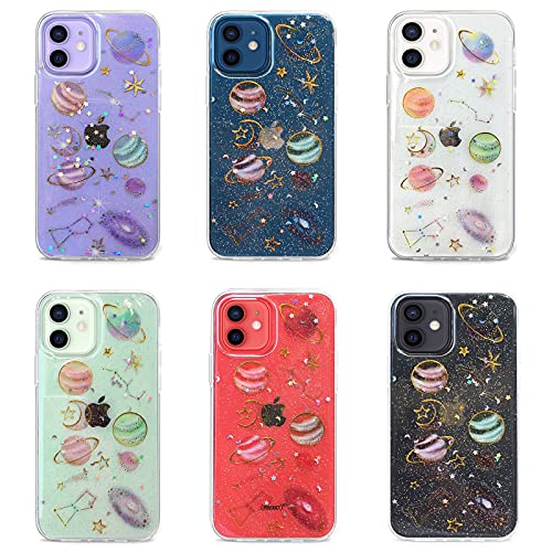 Abbery Designed For Iphone 12/Iphone 12 Pro Stars Moon Case, Clear With Design Cute Bling Glitter Sparkle Soft Tpu Flexible Rubber Star Moon Aesthetic Phone Case For Women Girls (Planet) #TOP1
