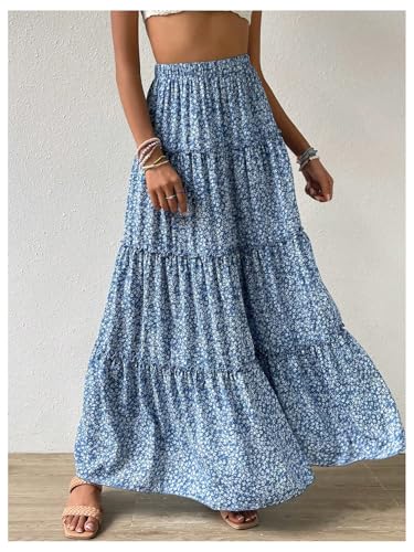 Verdusa Women's Boho Floral Tiered Maxi Skirts A Line High Rise Flowy Skirt3