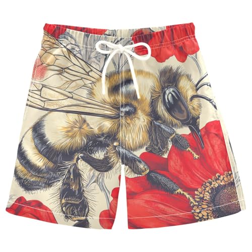 Jucciaco Boys Beach Board Shorts Real Bee Flower Animal Swim Trunk Teen Swimwear