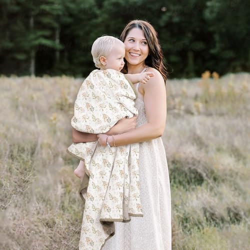 Image of lulumoon Muslin Baby Blanket for Unisex - Soft Cotton Receiving Blanket for Infant - 4 Layer Reversible Breathable Crib Bedding for Stroller and Nursery Decor 47 inchx47 inch (Olive Flower)
