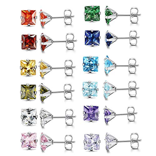 Aroncent Pendientes Hueso Oído de Acero Quirúrgico Inoxidable Hipoalergénico Joyería de Moda Forma Cuadrada Circonita de Multicolor para Mujer  12 Pares(24PCS)