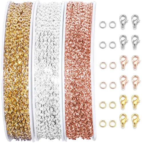 HZAOPZE 3 pcs 15M Chaine Acier Inoxydable Fabrication Bijoux Chaîne de Métal avec 30pcs Fermoirs à Homard et 150 pcs Anneaux de Saut, pour Colliers, Bijoux,...