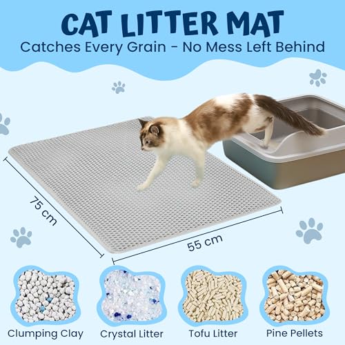 Image of Cat Litter Mat Large - 55x75cm Double Layer Open Edge Design | Waterproof Durable EVA Material | Washable Anti-Slip, Easy to Clean Cat Mat (Grey (Mat Only))