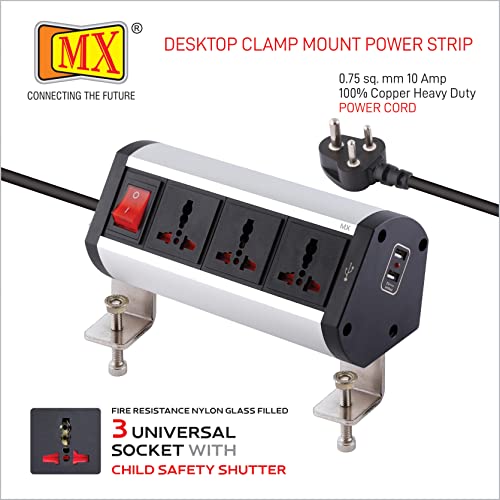 Image of MX Desk Extension Board Switch Socket Fixer 6 Amp 3 Universal Sockets with 2 USB Charging Port Extension Board with Removable Desk Clamp - Power Strip for Desk Master Switch 3 Pin Plug Extension Cord