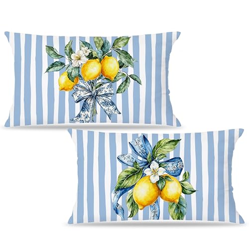 Image of Yellow and Blue Summer Italian Mediterranean Amalfi Coast Lemon Pillow Cover Decor 12x20,Italian Striped Decorative Throw Pillow Cover Decor for Couch Double-Sided Set of 2