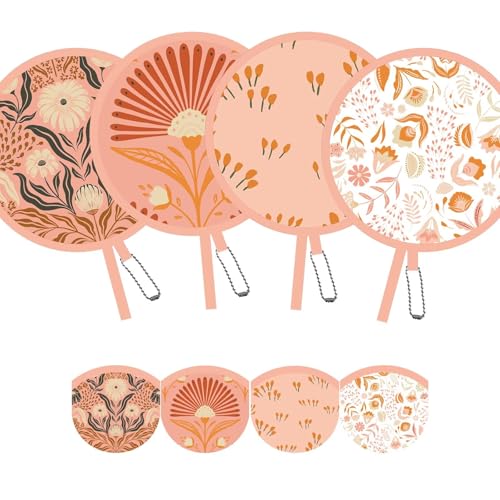 SUJJY 4 Pack Boho Folk Foldable Hand Fans Pocket-Sized Round Handheld Cooling Fans for Wedding Concert Travel Events Graduation Indoor and Outdoor Use (Peachy Pink)
