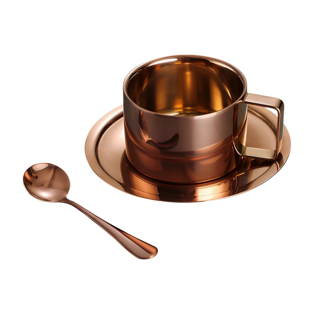 Hndhbfgrt Double-Layer 200ML 304 Stainless Steel Coffee Cup Milk Container with Saucer Set Including Tray and Handle, Easy to Clean B