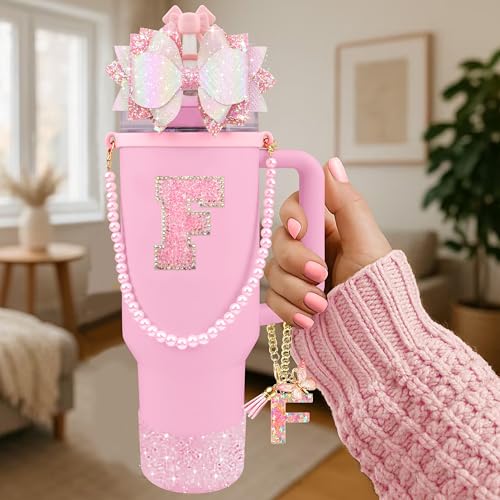 Hpebl 9PCS Pink for Stanley Cup Accessories Set Bling Initials Bow Charms for Stanley Decorations 30/40 Oz Tumbler Accessories Including Bow Straw Topper, Handle Strap, Spill Stopper(Letter F) - image 2