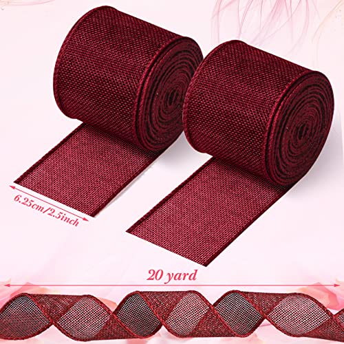 2 Rolls Burgundy Burlap Ribbon Wine Red Wired Edge Ribbon Burgundy Wired Ribbon For Wreaths Solid Maroon Ribbon Fabric Ribbon For Wrapping Bow Wreath Craft Home Wedding Decoration, 10 Yards (2.5 Inch) #TOP1