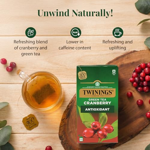 Image of Twinings Green Tea Cranberry, 25 Tea Bags| Pack of 1| Perfectly Balanced & Refreshing Taste| Zingy Sharpness of Cranberry with Golden | Handpicked Green Tea Leaves| Enjoy a Hot Cup of Tea