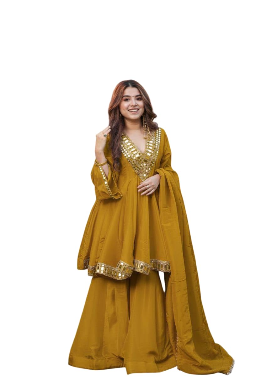 Women's Beautiful Heavy Silk Real Mirror Work Salwar Suits Ready-to-Wear Wedding & Festive Ethnic Outfit op Palazzo and Duppata For Any Occasion-image-34