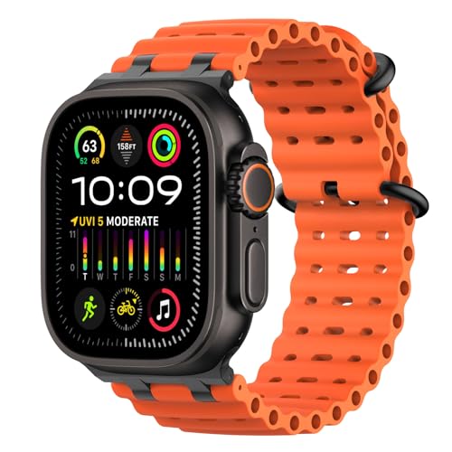 MoKo Ocean Band Kompatibel mit Apple Watch Ultra 3/2/1 49 mm S11/S10 46 mm 9/8/7 45 mm SE3/SE2/SE/6/5/4 44 mm 3/2/1 42 mm Atmungsaktives Silikon-Sportarmband mit Metallverbinder Schwarz/Orange